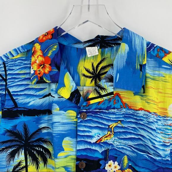 Palmwave Hawaiian shirt size small blue yellow surfer volcano palm trees - Picture 3 of 9